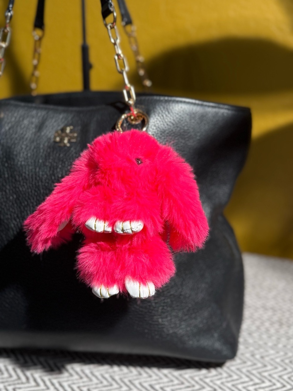 Faux Fur Bunny Bag Charm | Bright Pink Shades & Gold Hardware - Choice of 1 - Picture 7 of 7